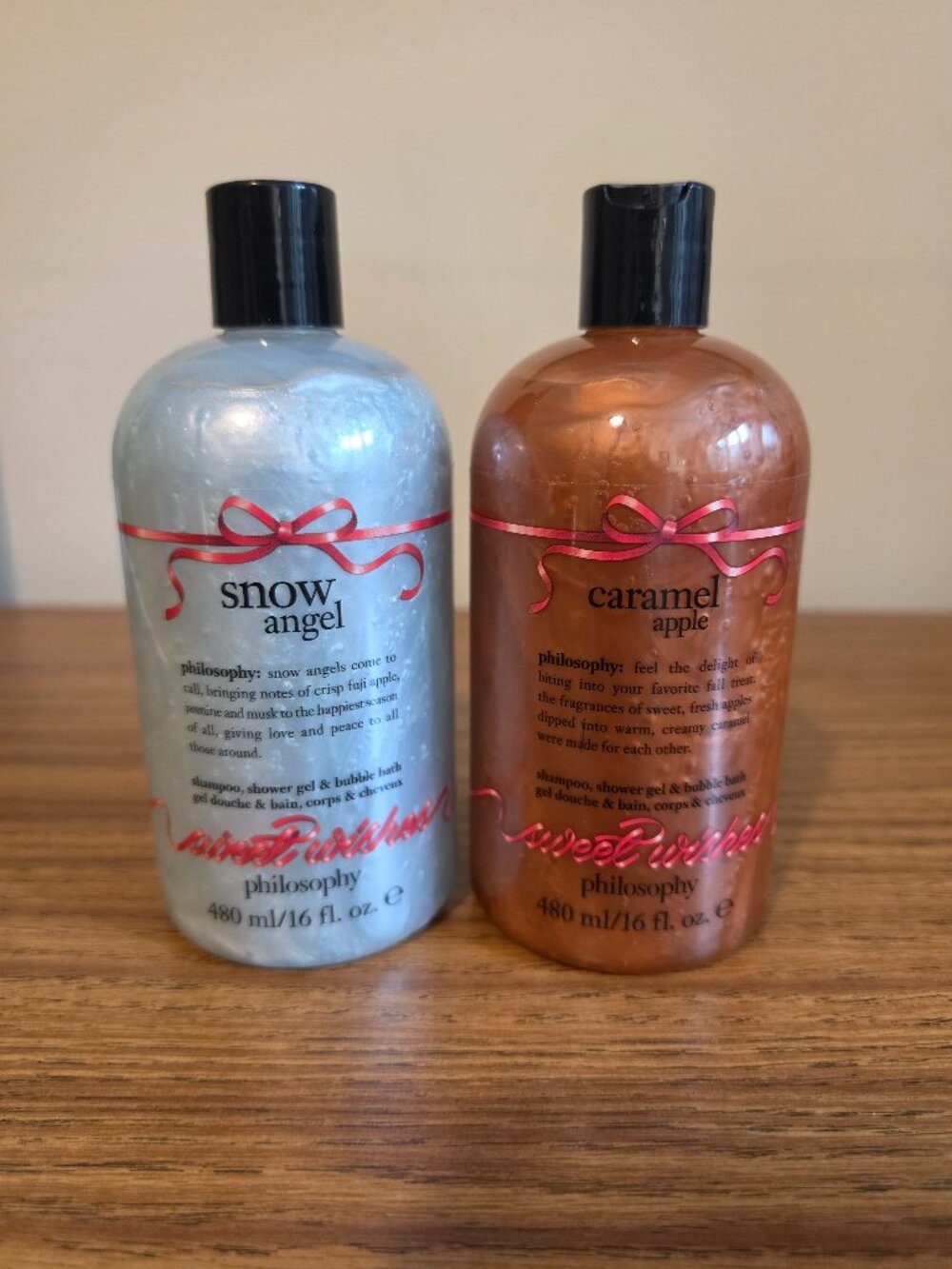 Philosophy Shower Gel Lot of 2 Snow Angel Caramel Apple 16 oz Bubble Bath NEW